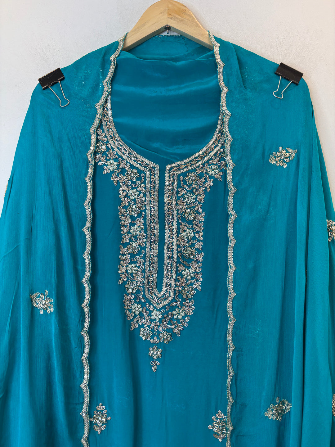 Till Blue Crepe Suit Set with Cutdana, Dabka &amp; Chinon Dupatta