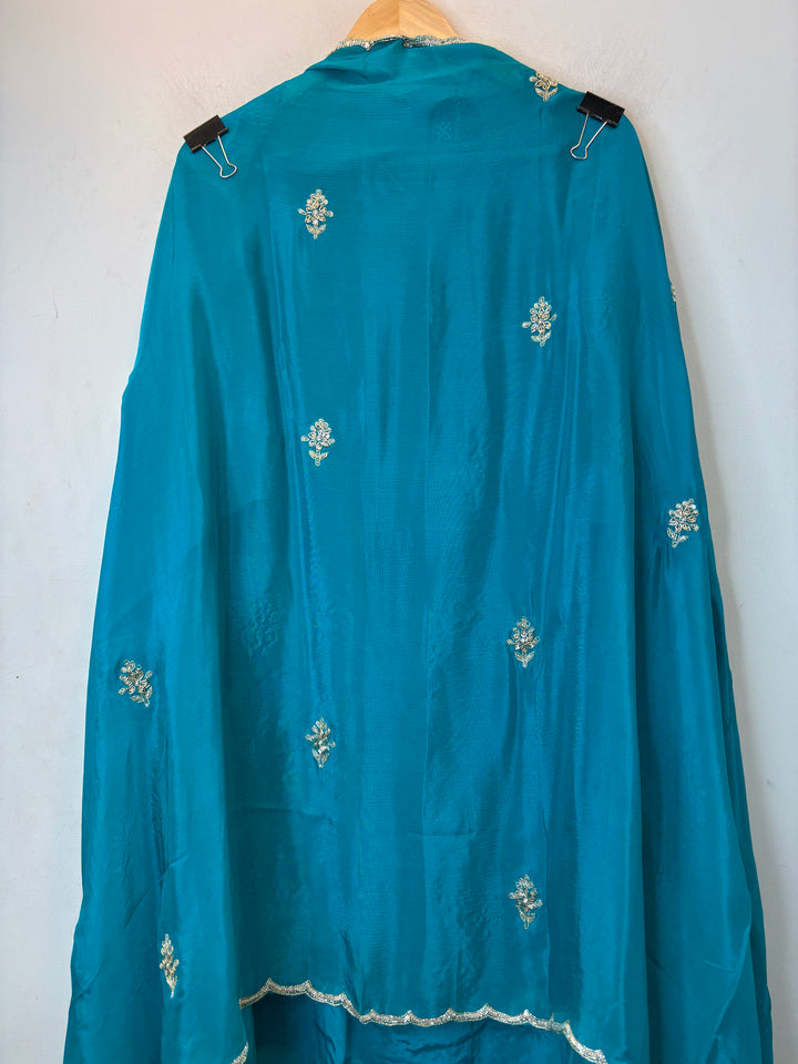 Till Blue Crepe Suit Set with Cutdana, Dabka &amp; Chinon Dupatta