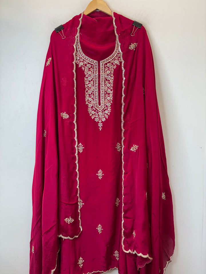 Maroon Crepe Suit Set with Cutdana, Dabka &amp; Chinon Dupatta