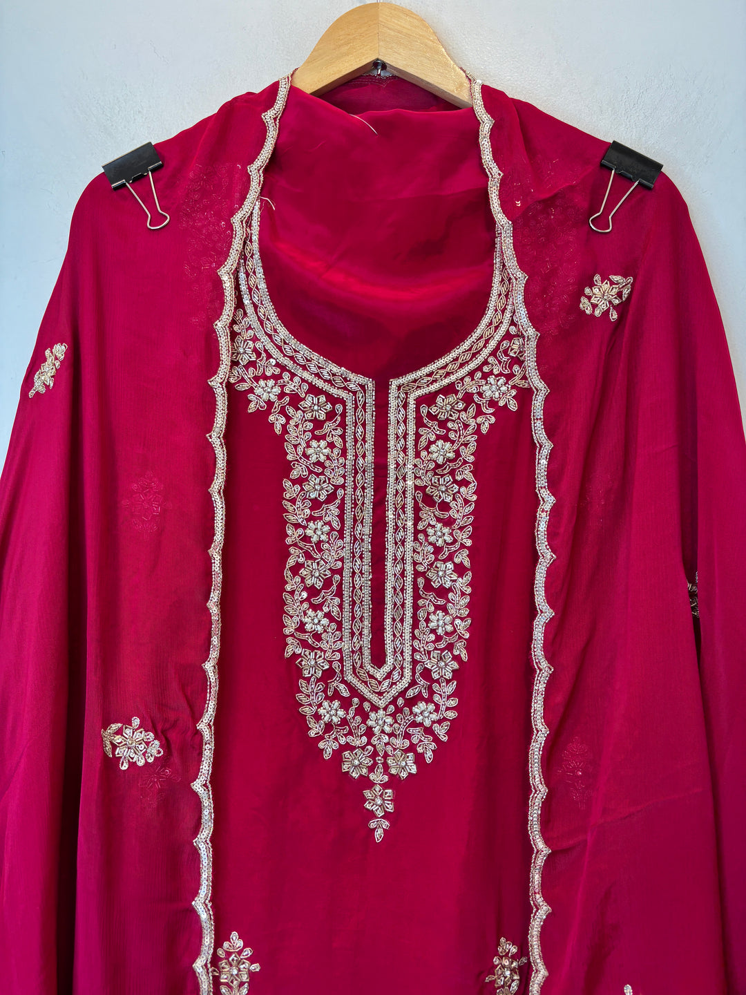 Maroon Crepe Suit Set with Cutdana, Dabka &amp; Chinon Dupatta