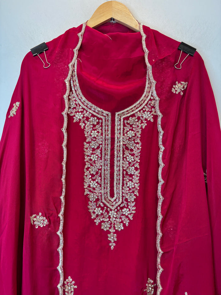 Maroon Crepe Suit Set with Cutdana, Dabka &amp; Chinon Dupatta