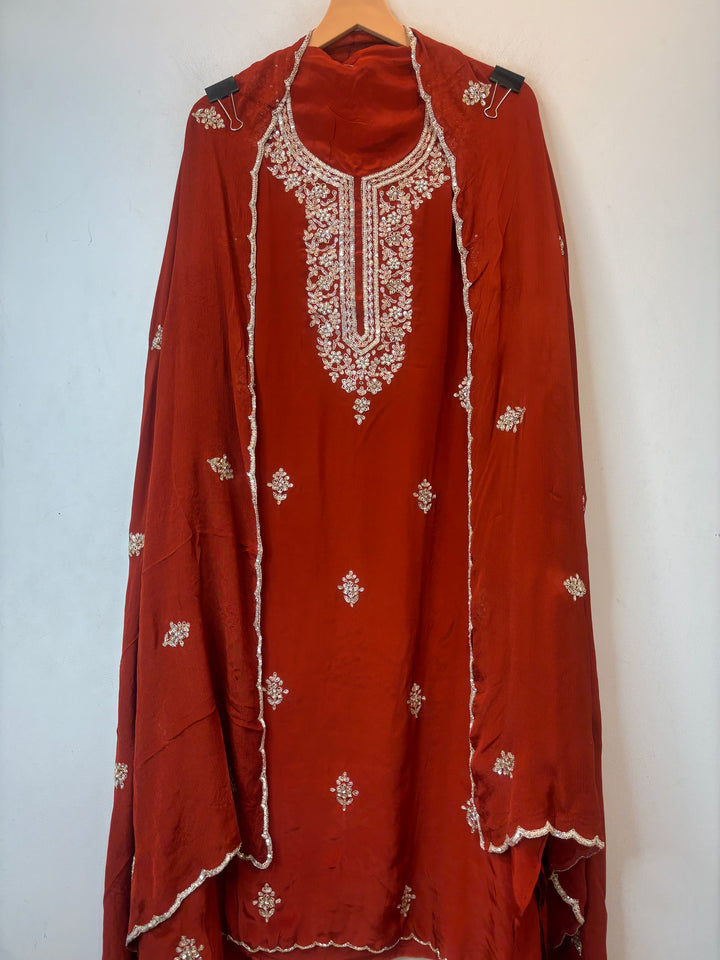 Orange Crepe Suit Set with Cutdana, Dabka &amp; Chinon Dupatta