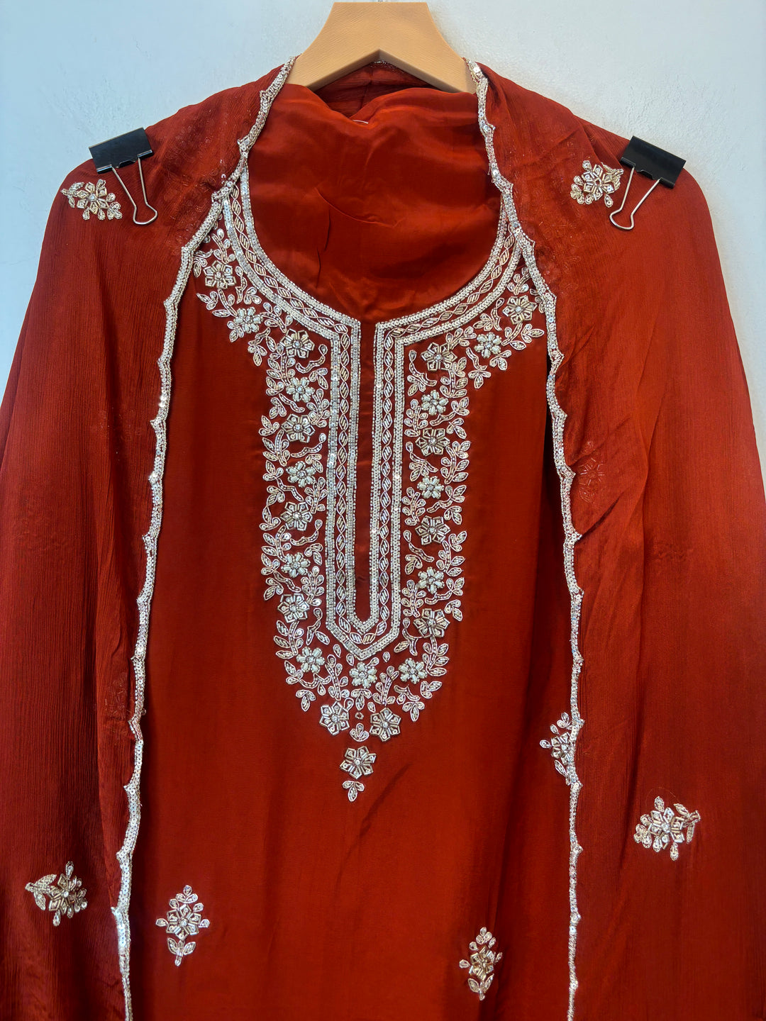 Orange Crepe Suit Set with Cutdana, Dabka &amp; Chinon Dupatta