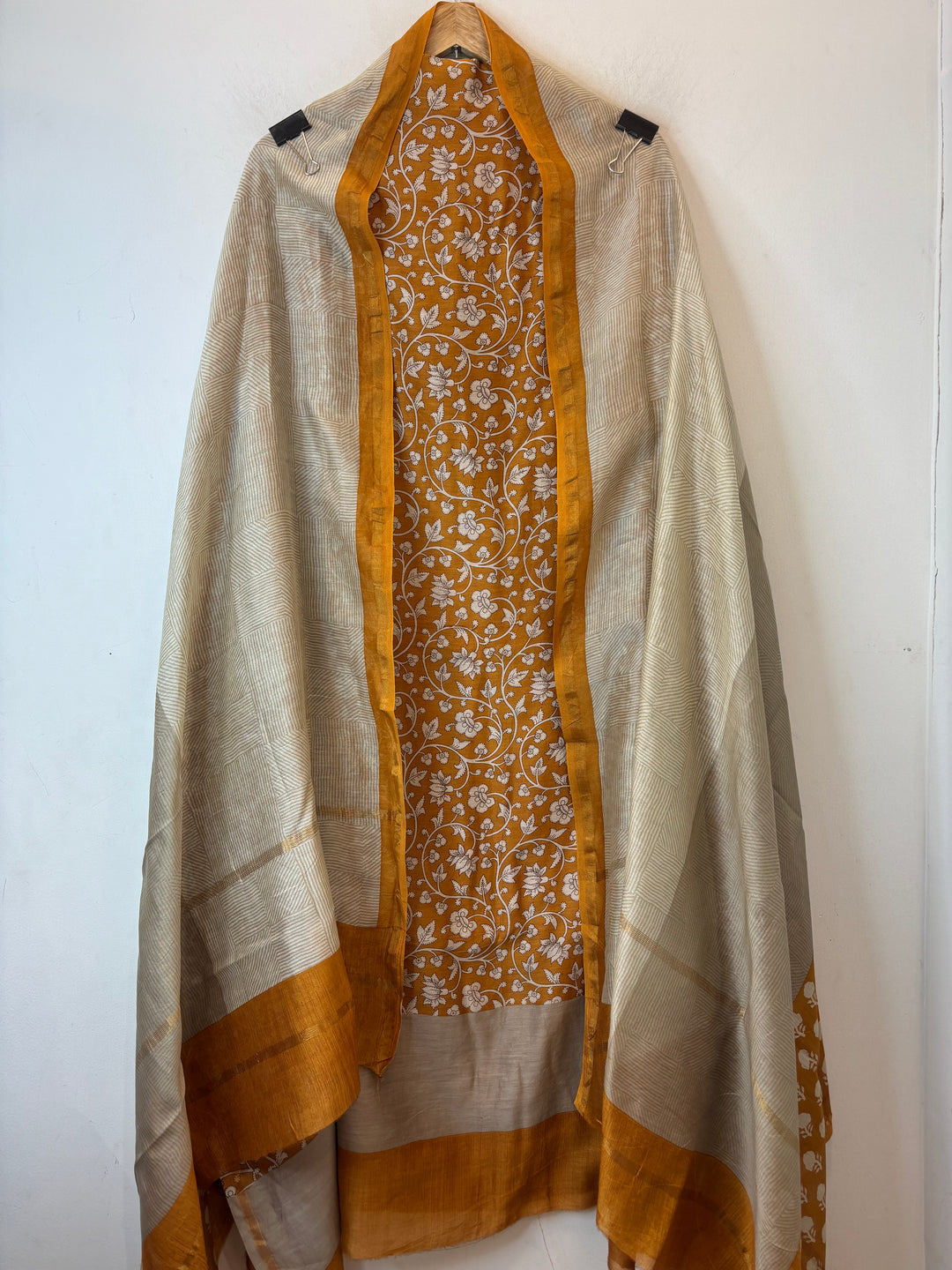 Golden Maheshwari Printed Suit Set with Booti Dupatta