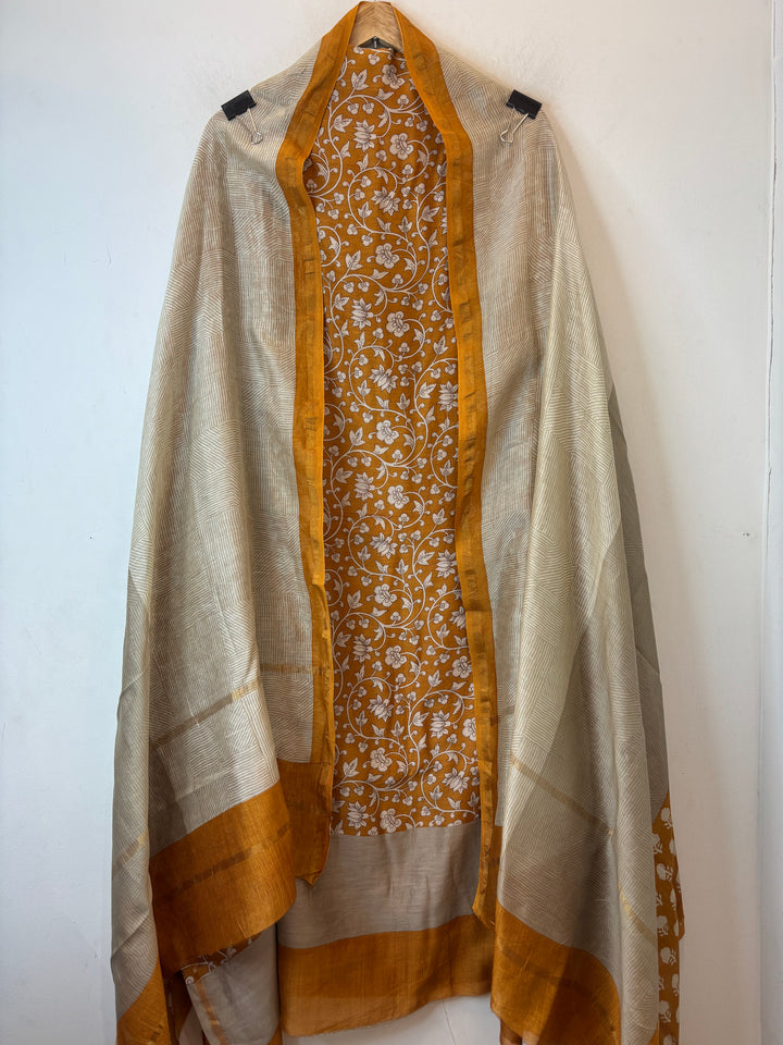 Golden Maheshwari Printed Suit Set with Booti Dupatta