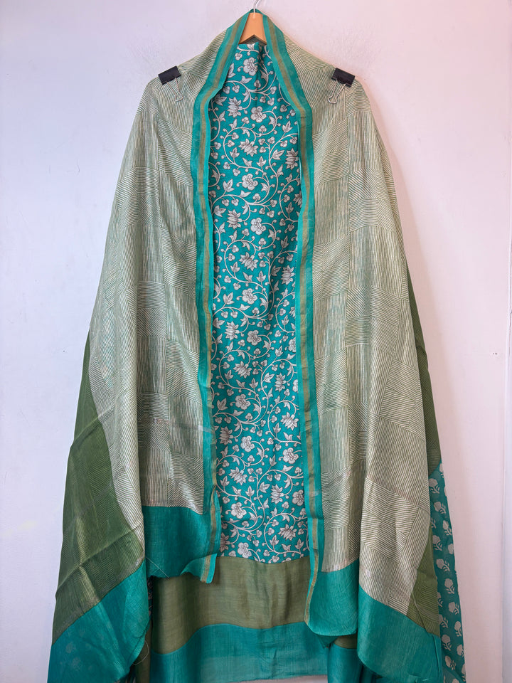 Blue Maheshwari Printed Suit Set with Booti Dupatta