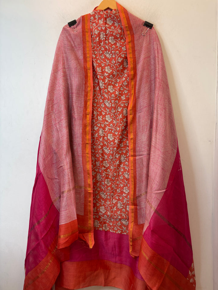 Orange Maheshwari Printed Suit Set with Booti Dupatta