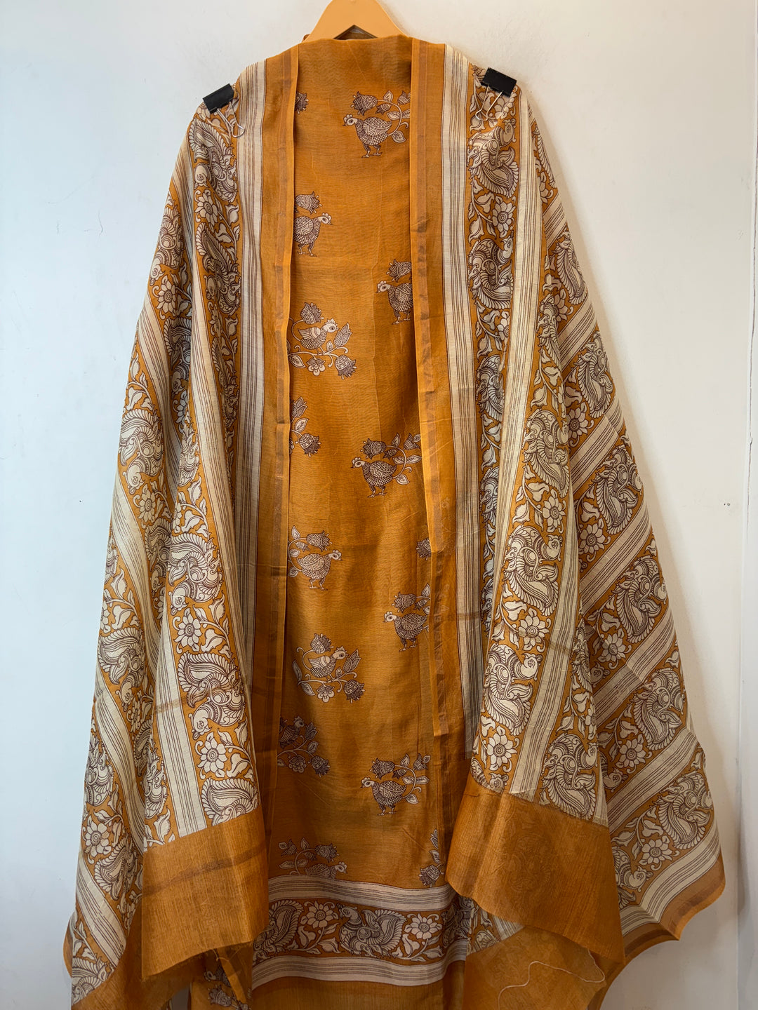 Golden Maheshwari Suit Set with Peacock printed