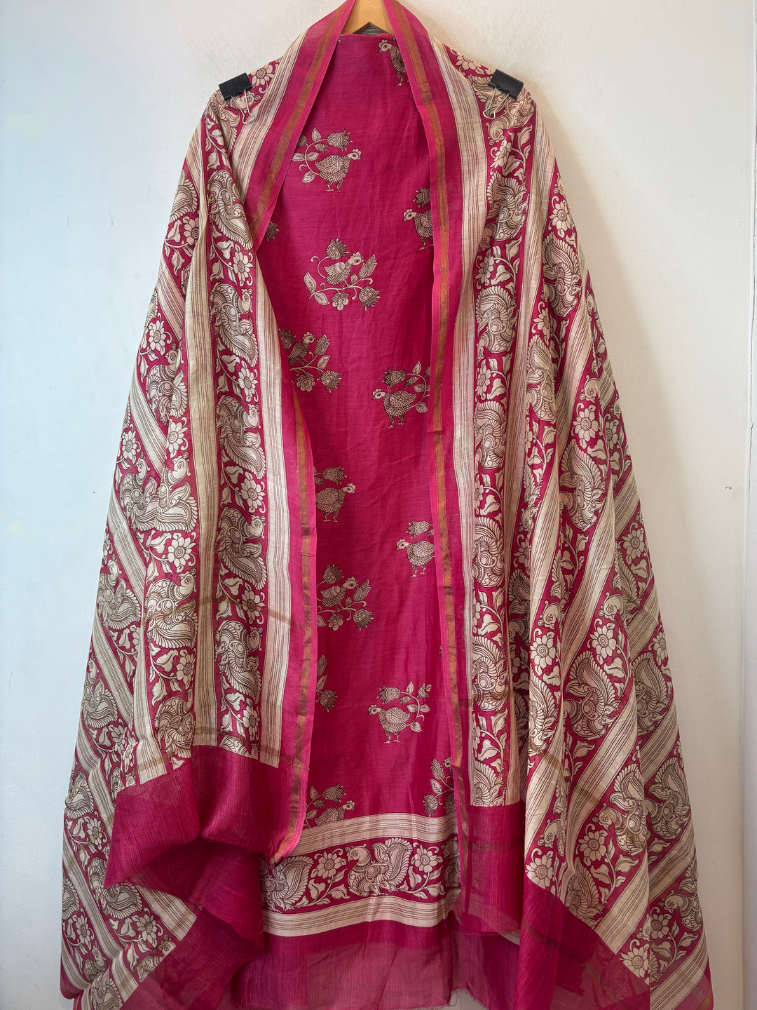 Maroon Maheshwari Suit Set with Peacock Work &amp; Printed Booties