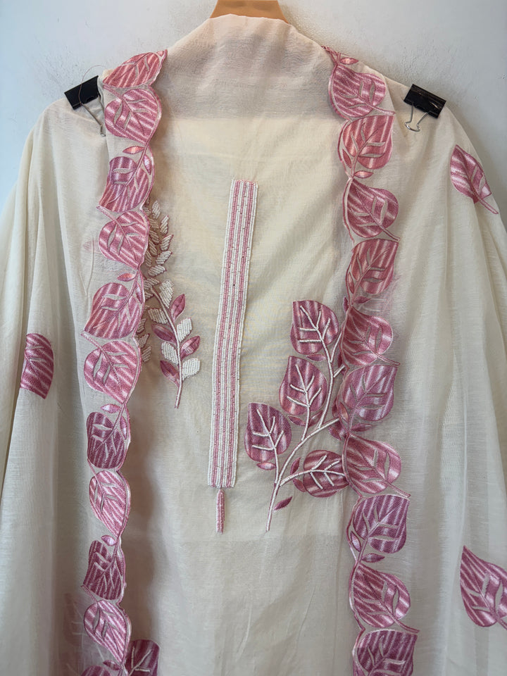 Pink Mul Chanderi Embroidered Suit Set with Pearl Leaf Detailing