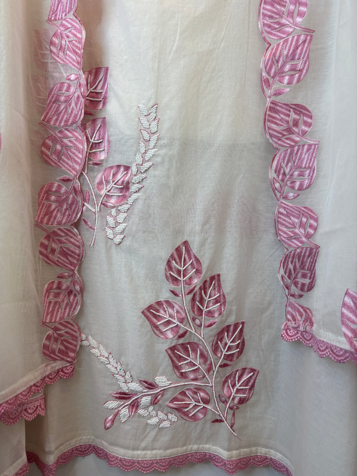Pink Mul Chanderi Embroidered Suit Set with Pearl Leaf Detailing