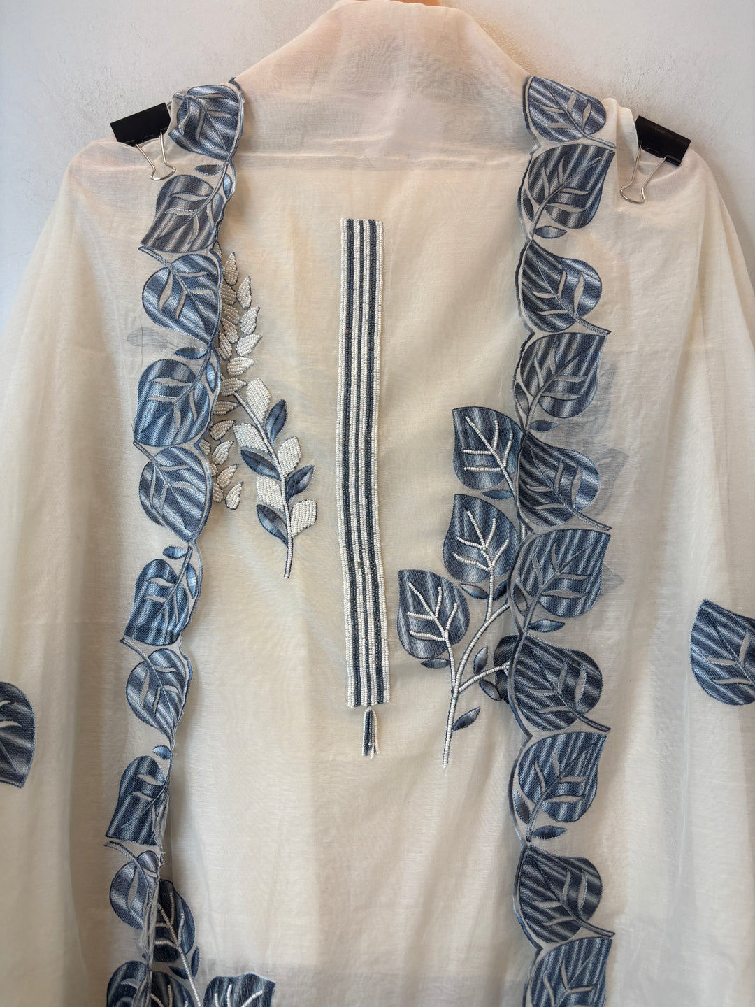 Grey Mul Chanderi Embroidered Suit Set with Pearl Leaf Detailing