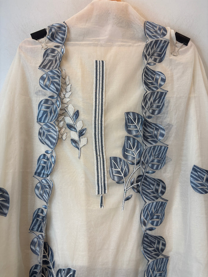 Grey Mul Chanderi Embroidered Suit Set with Pearl Leaf Detailing