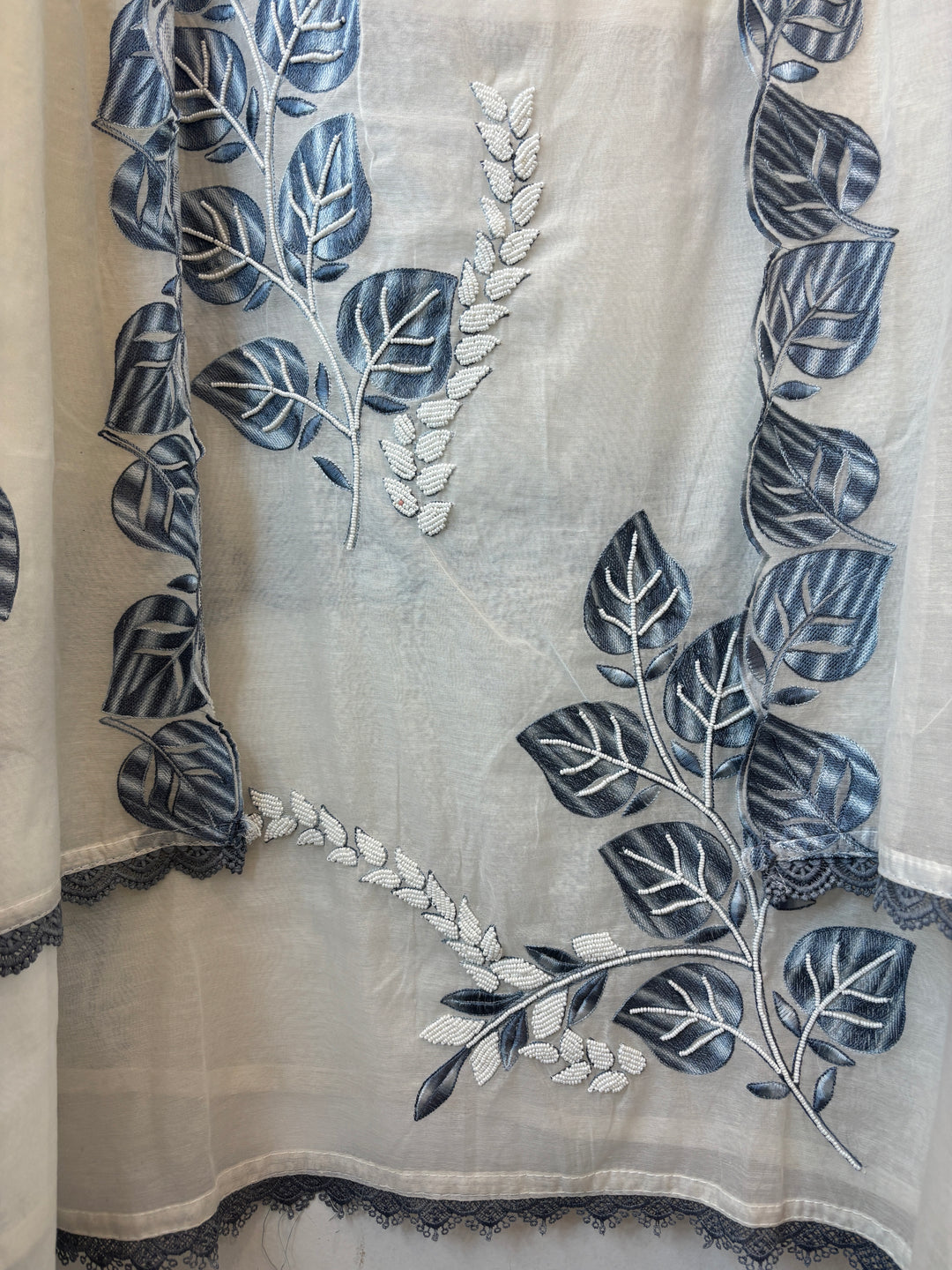 Grey Mul Chanderi Embroidered Suit Set with Pearl Leaf Detailing