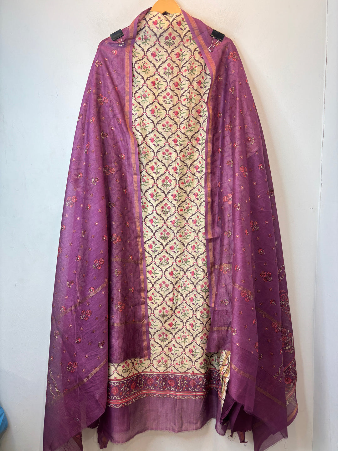 Purple Maheshwari Printed Suit Set with Cotton Shantoon Bottom