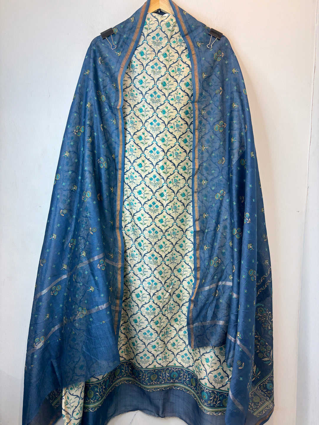Blue Maheshwari Printed Suit Set with Cotton Shantoon Bottom