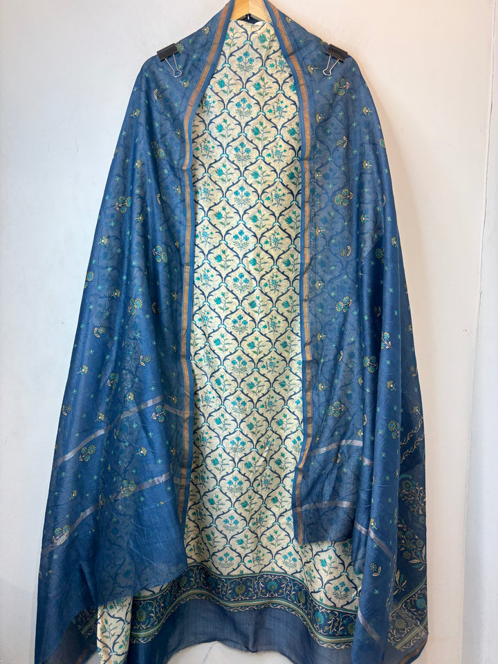 Blue Maheshwari Printed Suit Set with Cotton Shantoon Bottom