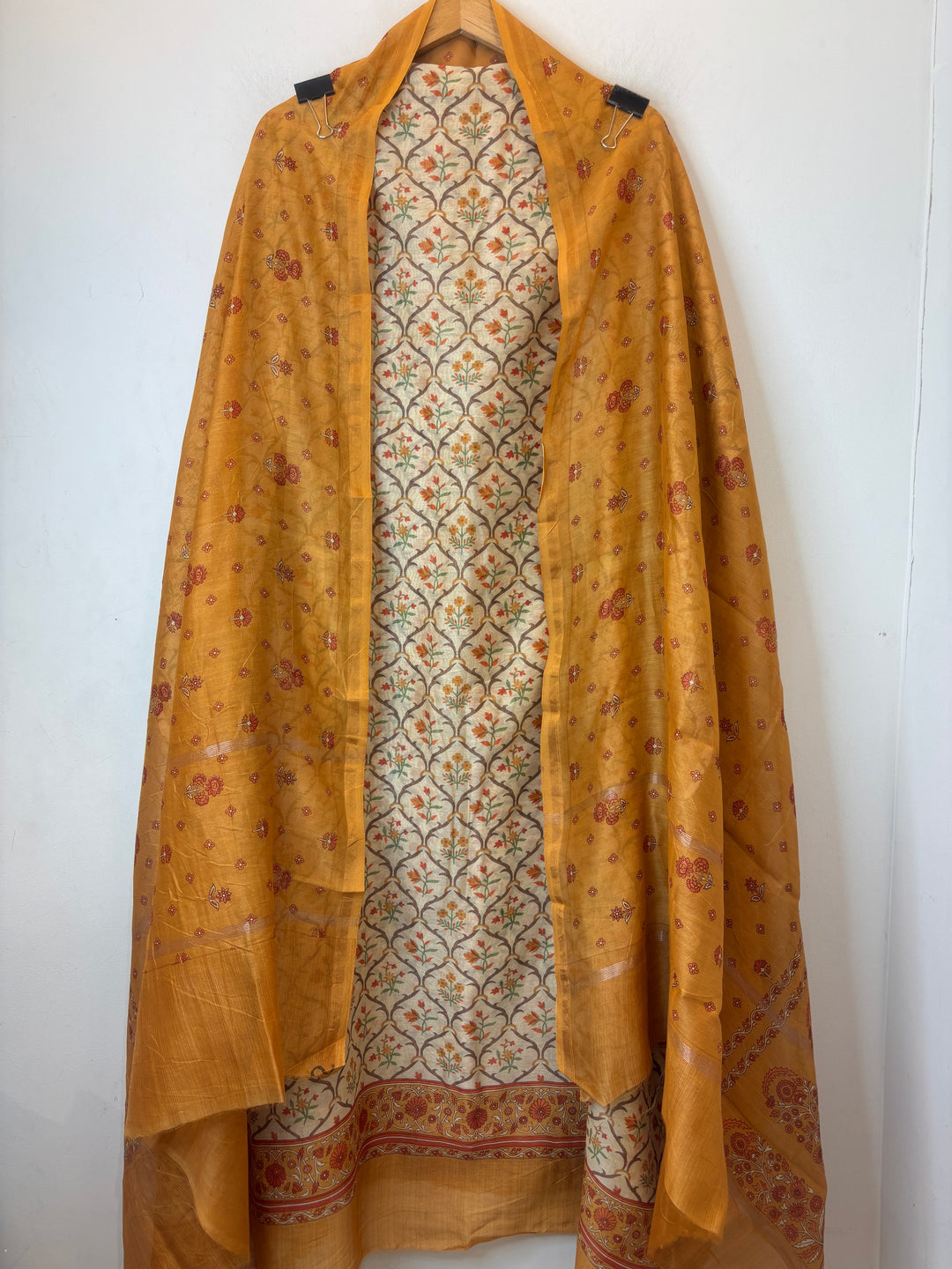 Golden Maheshwari Printed Suit Set with Cotton Shantoon Bottom