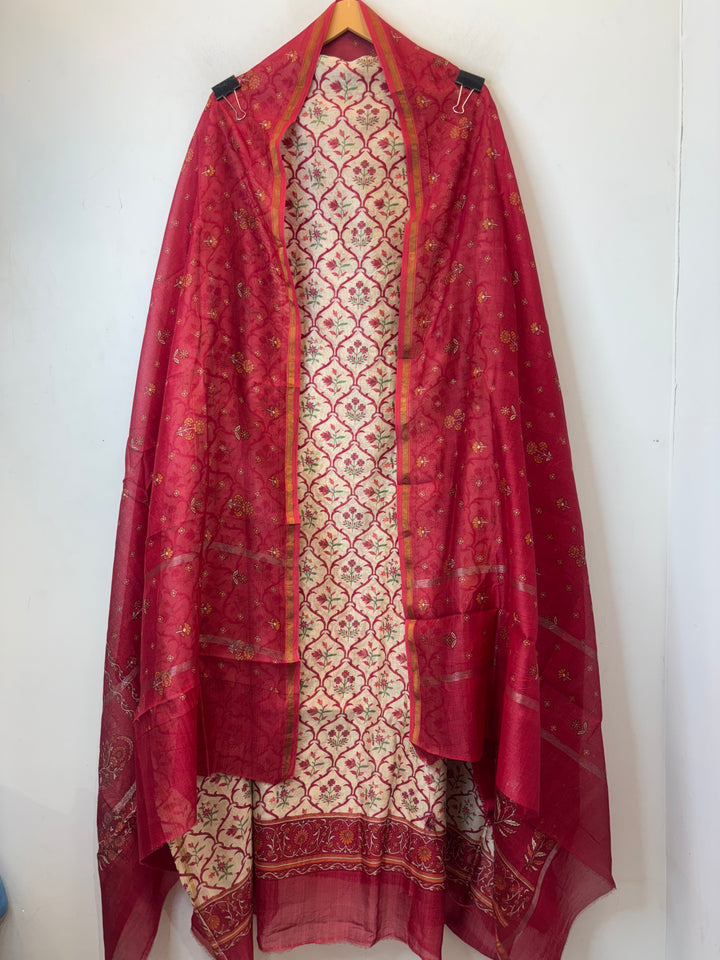 Maroon Maheshwari Printed Suit Set with Cotton Shantoon Bottom