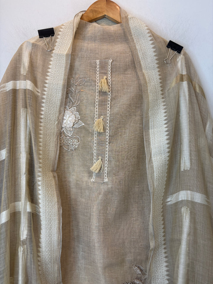 Jamdani Cotton Unstitched Suit Set with 3D Floral Embroidery