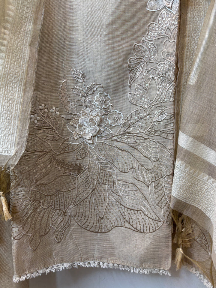 Jamdani Cotton Unstitched Suit Set with 3D Floral Embroidery
