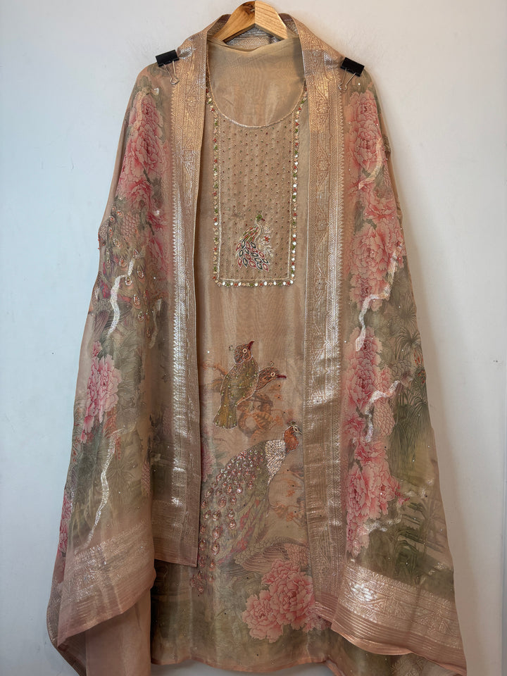 Beige Tissue Handworked Unstitched Suit Set with Peacock Detailing &amp; Banarasi Border