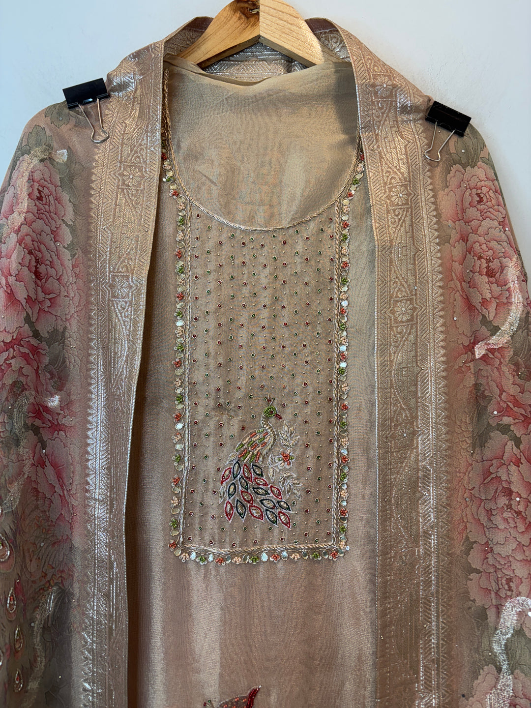 Beige Tissue Handworked Unstitched Suit Set with Peacock Detailing &amp; Banarasi Border