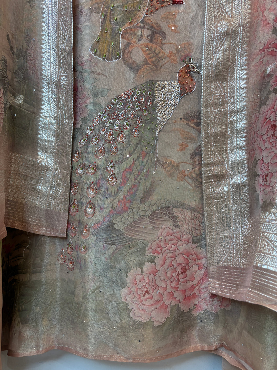 Beige Tissue Handworked Unstitched Suit Set with Peacock Detailing &amp; Banarasi Border