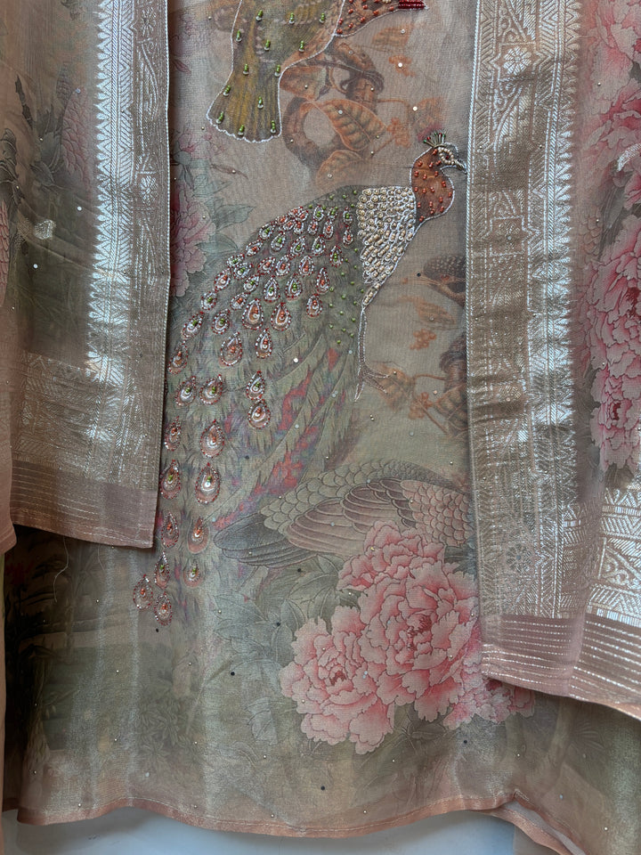 Beige Tissue Handworked Unstitched Suit Set with Peacock Detailing &amp; Banarasi Border