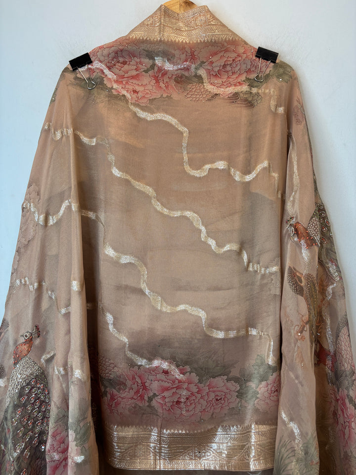 Beige Tissue Handworked Unstitched Suit Set with Peacock Detailing &amp; Banarasi Border