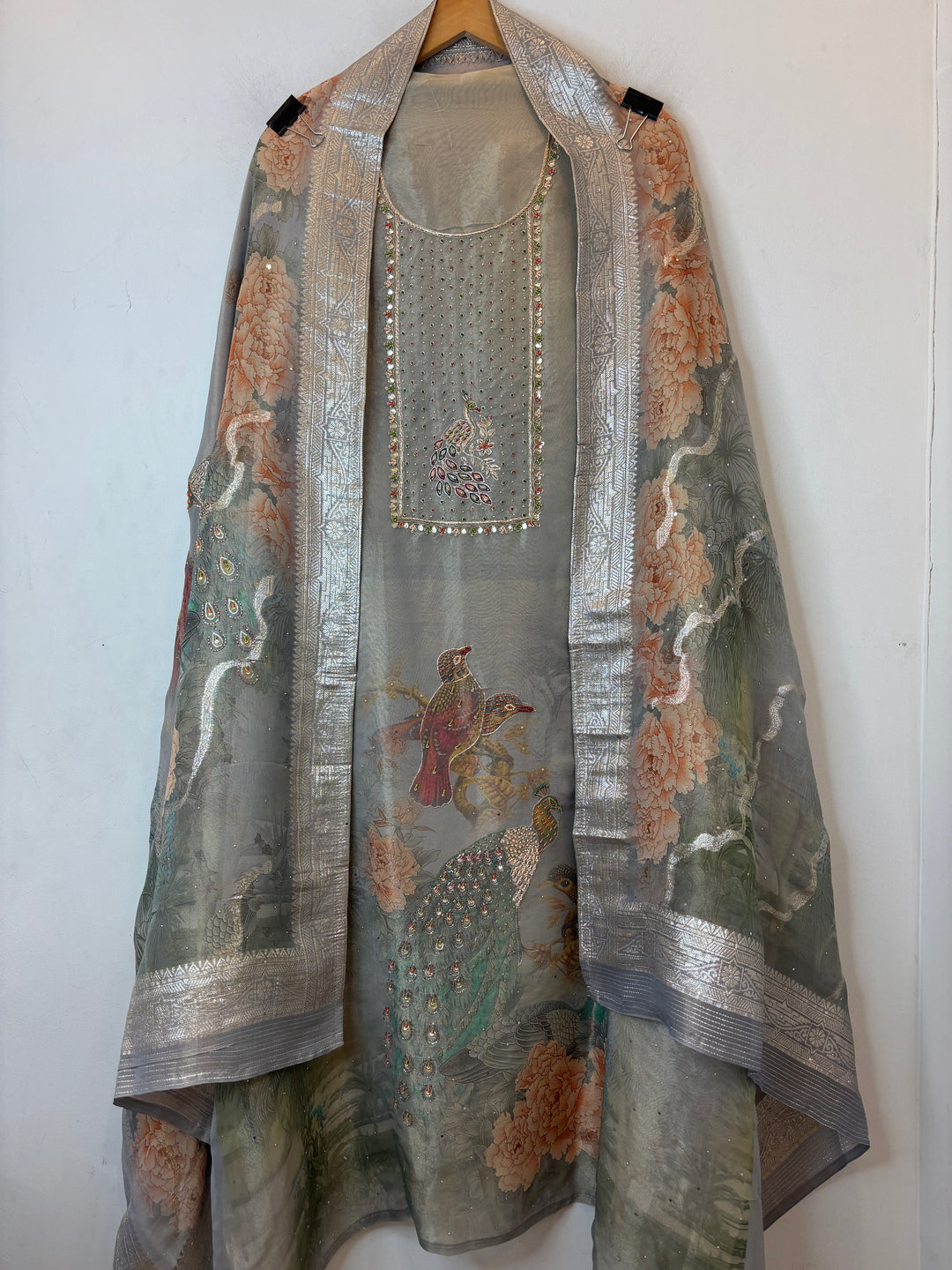 Grey Tissue Handworked Unstitched Suit Set with Peacock Detailing &amp; Banarasi Border