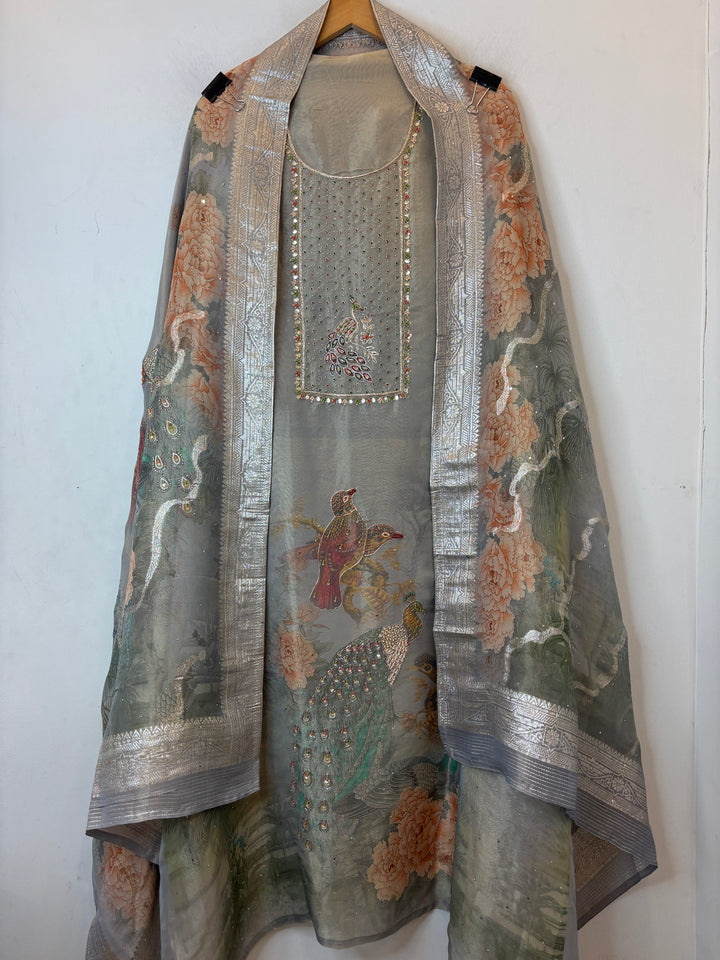 Grey Tissue Handworked Unstitched Suit Set with Peacock Detailing &amp; Banarasi Border
