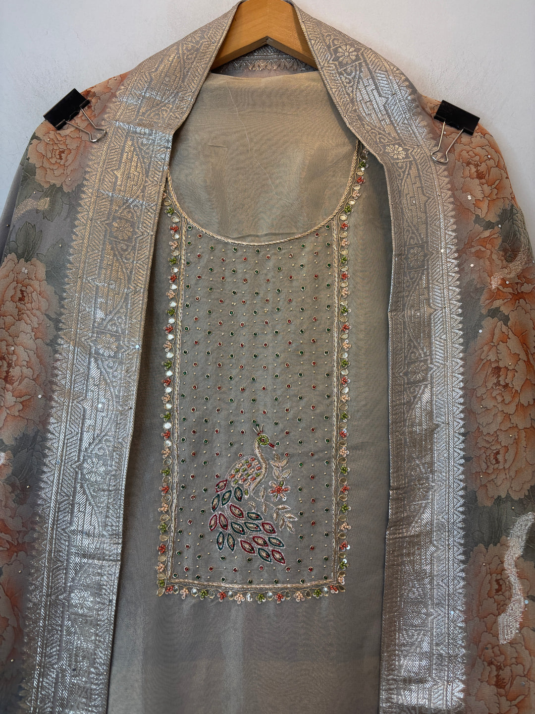 Grey Tissue Handworked Unstitched Suit Set with Peacock Detailing &amp; Banarasi Border