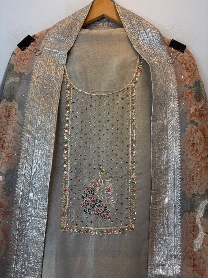 Grey Tissue Handworked Unstitched Suit Set with Peacock Detailing &amp; Banarasi Border