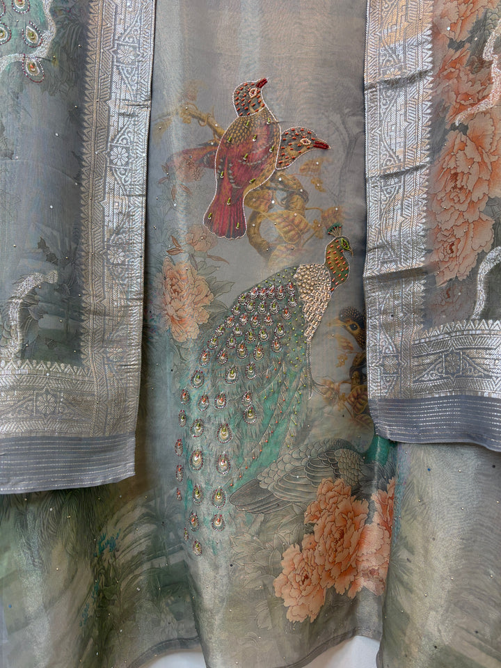 Grey Tissue Handworked Unstitched Suit Set with Peacock Detailing &amp; Banarasi Border