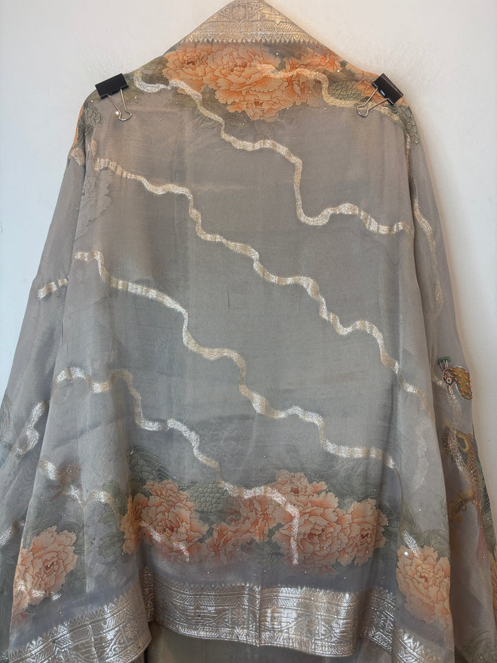 Grey Tissue Handworked Unstitched Suit Set with Peacock Detailing &amp; Banarasi Border