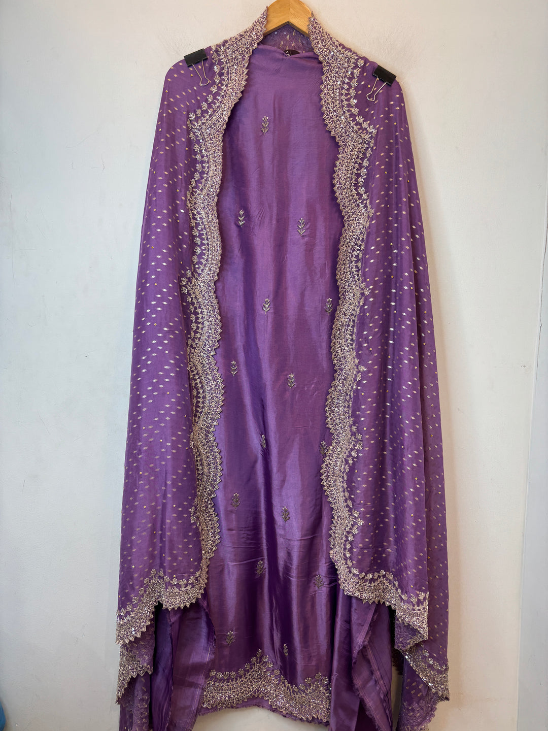 Purple Silk Suit Set with Cutdana Sequin Work &amp; Organza Dupatta