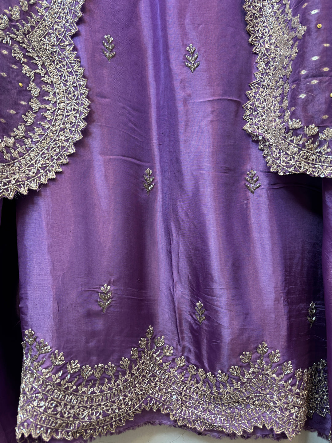 Purple Silk Suit Set with Cutdana Sequin Work &amp; Organza Dupatta