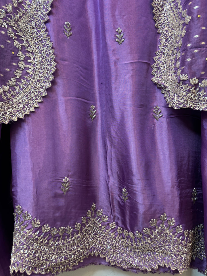 Purple Silk Suit Set with Cutdana Sequin Work &amp; Organza Dupatta