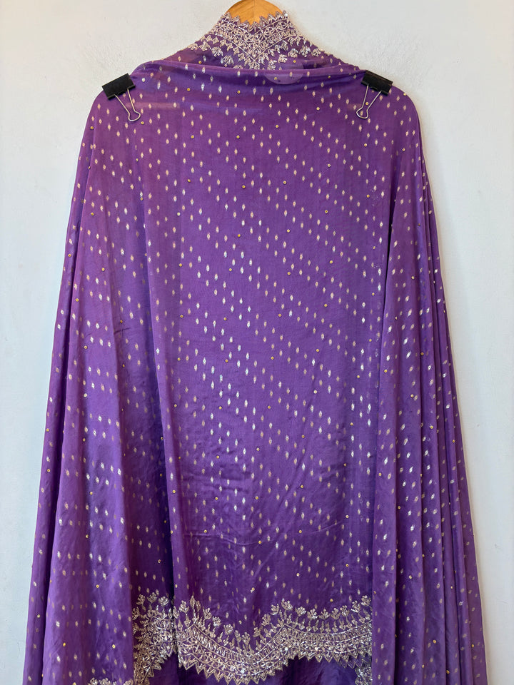 Purple Silk Suit Set with Cutdana Sequin Work &amp; Organza Dupatta