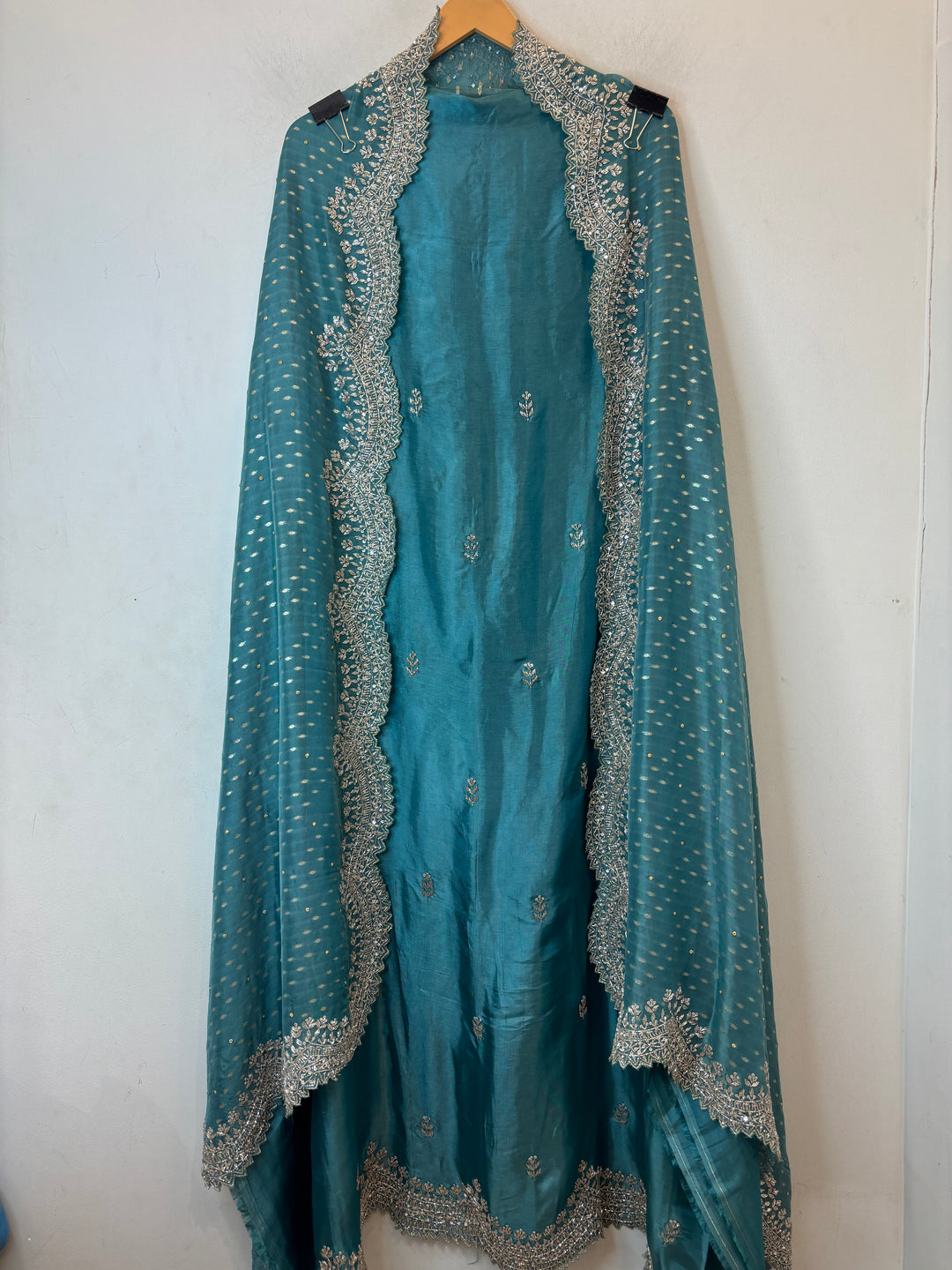 Till Blue Silk Suit Set with Cutdana Sequin Work &amp; Organza Dupatta