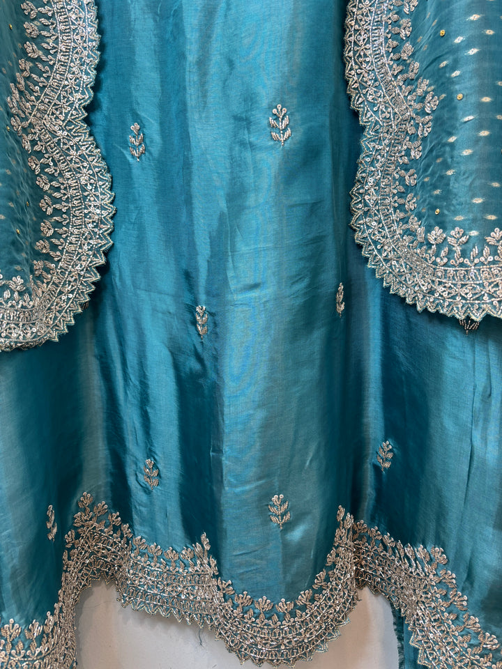Till Blue Silk Suit Set with Cutdana Sequin Work &amp; Organza Dupatta