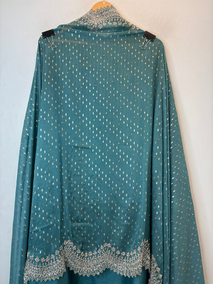 Till Blue Silk Suit Set with Cutdana Sequin Work &amp; Organza Dupatta