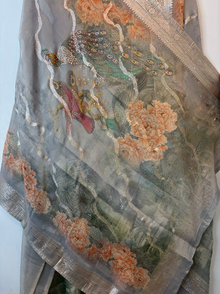 Grey Tissue Handworked Unstitched Suit Set with Peacock Detailing &amp; Banarasi Border