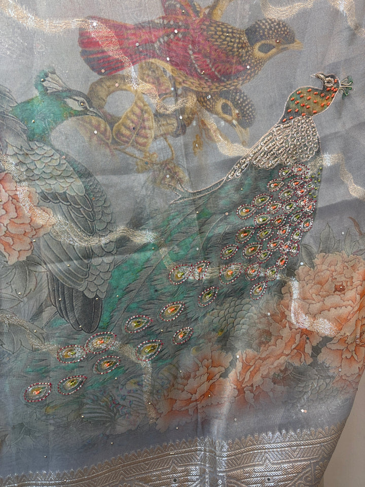 Grey Tissue Handworked Unstitched Suit Set with Peacock Detailing &amp; Banarasi Border