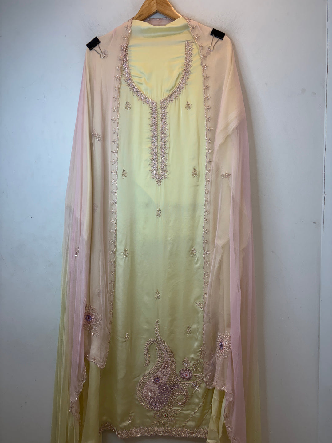 Yellow Satin Organza Unstitched Suit Set with Aari work &amp; Ombre Chinon Dupatta