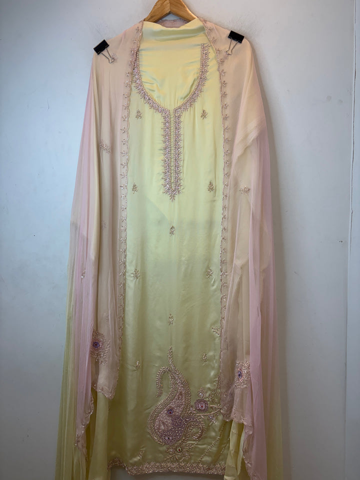 Yellow Satin Organza Unstitched Suit Set with Aari work &amp; Ombre Chinon Dupatta