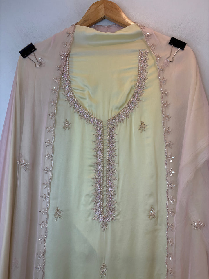 Yellow Satin Organza Unstitched Suit Set with Aari work &amp; Ombre Chinon Dupatta