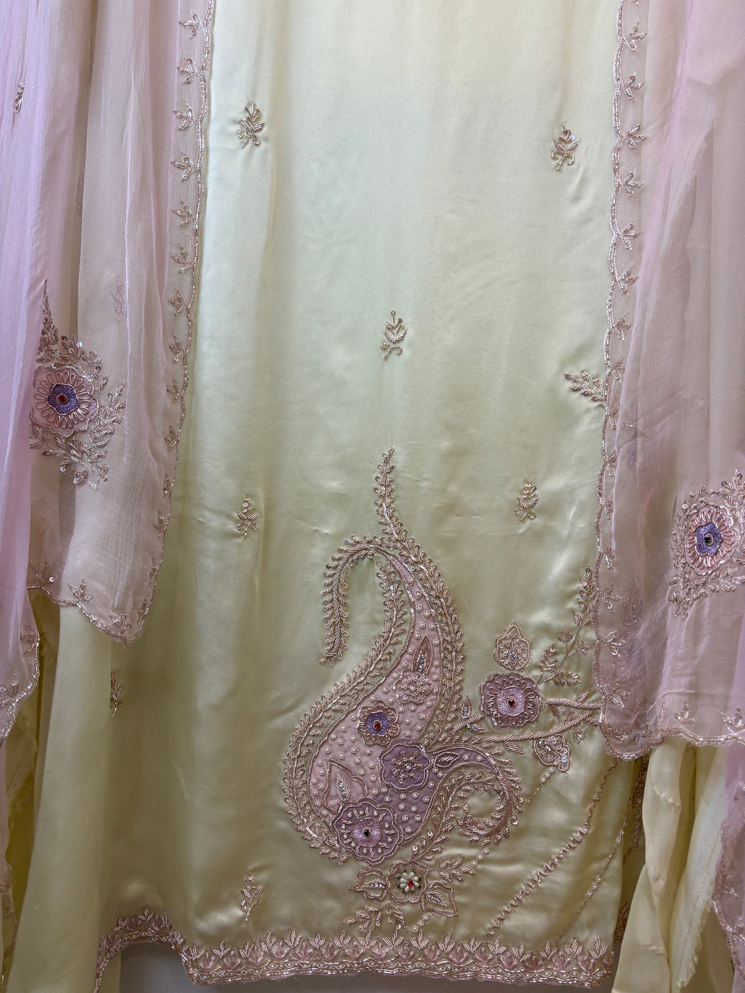 Yellow Satin Organza Unstitched Suit Set with Aari work &amp; Ombre Chinon Dupatta