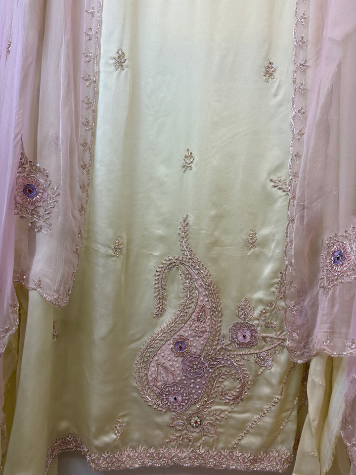 Yellow Satin Organza Unstitched Suit Set with Aari work &amp; Ombre Chinon Dupatta